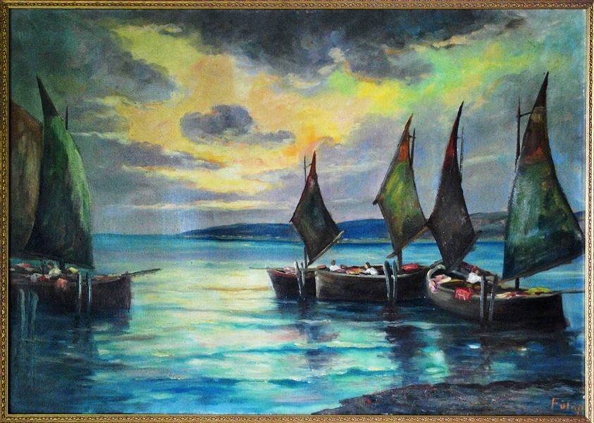 Schooners on Lake Balaton Signed Fulop Oil On Canvas