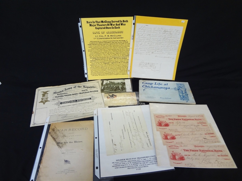 (8) Civil War Documents: Checks, War Record, GAR Discharge, Postcard, Others