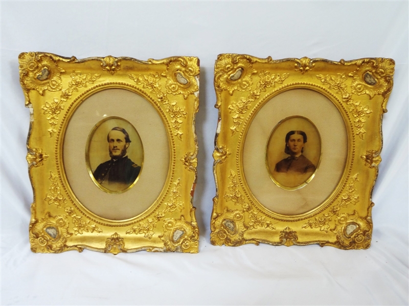 Civil War Captain and Wife Hand Colored Portraits in Gilt Frames