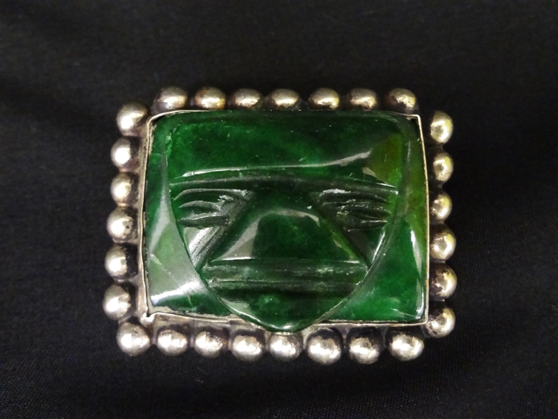 Nephrite Jade and Sterling Silver Mexico Carved Face Brooch