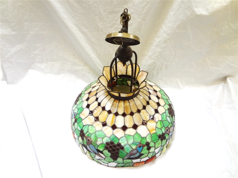 Arts and Crafts Domed Chandelier Stained Glass Lamp Shade Birds and Fruit
