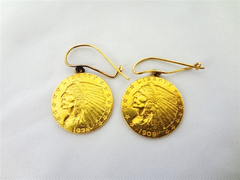 1909, 1925D Indian $2.5 Gold Coin Earrings