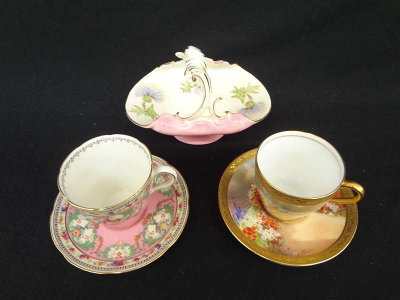 (3) Royal Doulton Pieces: Basket, (2) Demitasse Cups and Saucers