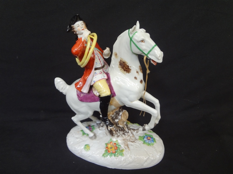 Mesisen Figurine Man on Horse with Instrument French Horn