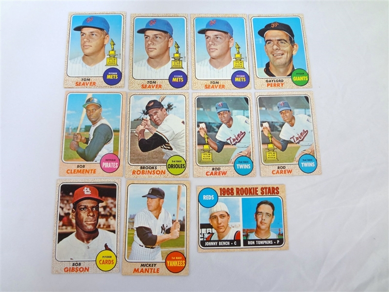 (10)1968 Topps Yellow Back Baseball Star Cards: Mantle #280, Bench #247, Clemente #150, Others