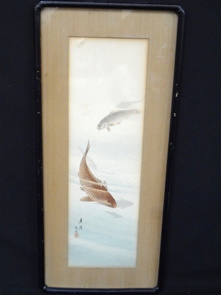 Japanese Watercolor Koi Fish Signed Low Left
