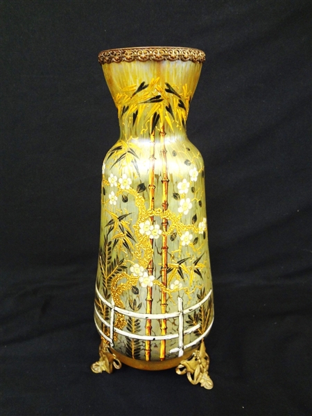 Loetz RARE Circa 1900 Japonism Style Vase With Filigree Ormolu Mount Feet and "M" Crimped Rim