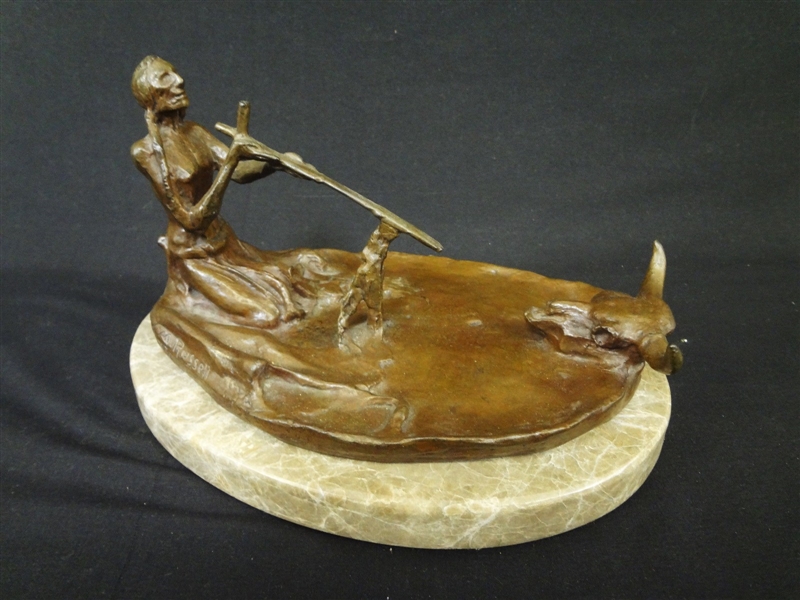 Charles Russell Bronze Smoking with the Skull Spirit on Marble Plinth