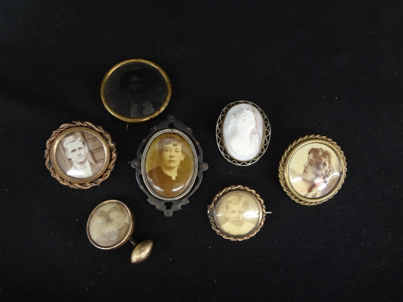 (7) Victorian Photo Brooches, Including Color Funeral Pin