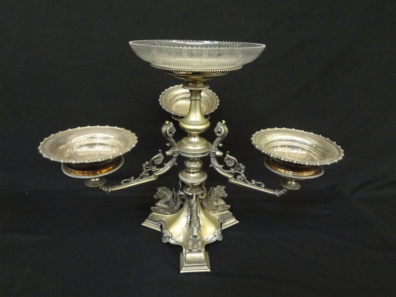 Large Silver Plate Epergne Centerpiece Pegasus, Rams Heads
