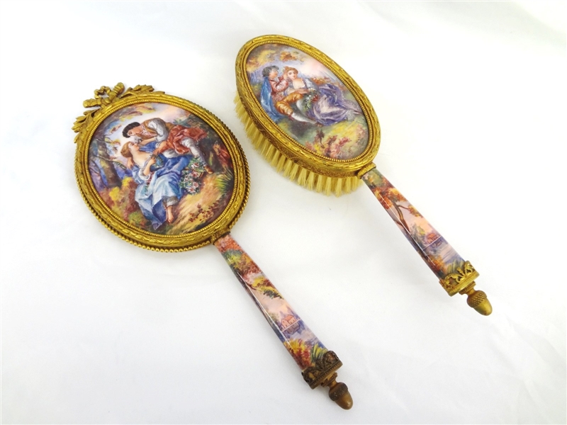 French Brass and Enamel Dresser Brush and Mirror Set Signed Gamet (French Artist late 18th Century)