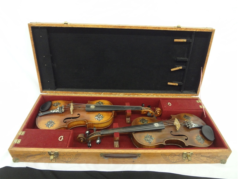 Pair of Early Violins Mother of Pearl Inlay in Homemade Case