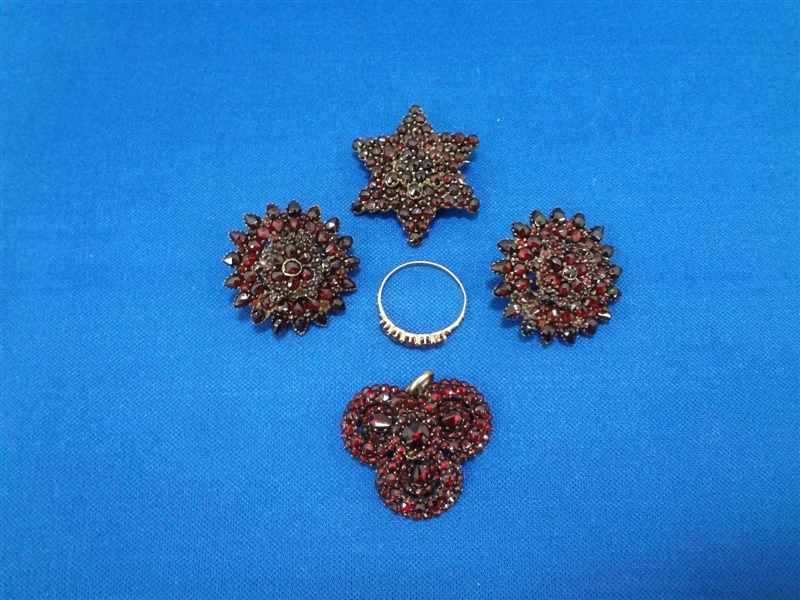 Bohemian Garnet Jewelry Set in Sterling Silver: Earrings, Pendant, Brooch, 9k Gold Ring