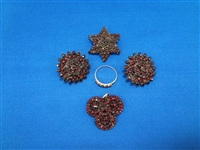 Bohemian Garnet Jewelry Set in Sterling Silver: Earrings, Pendant, Brooch, 9k Gold Ring