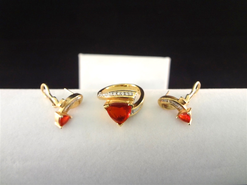 18k Gold Fire Opal and Diamond Ring With Matching Earrings