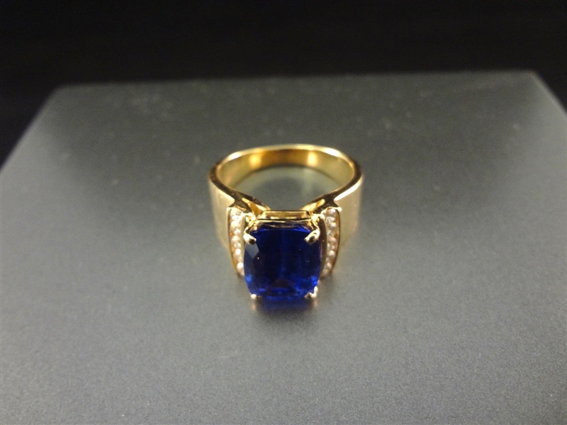 14k Gold Ring with Single Emerald Cut Dark Blue Sapphire 10x8mm and (10) Diamond 2mm stones