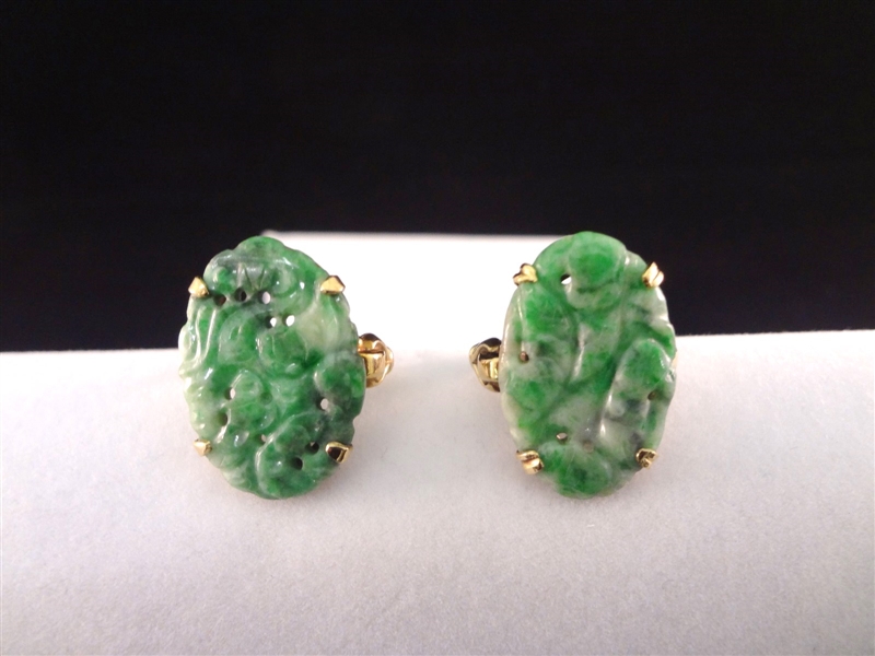 (2) 10k Gold and Carved Jade Rings