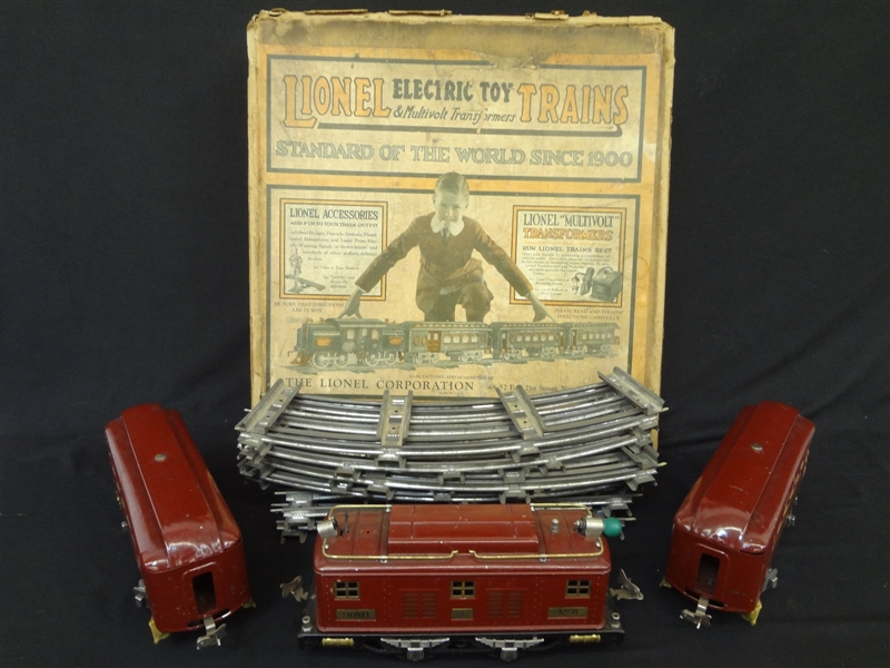 Lionel Pre War New York Central Line Engine, Pullman, Observation Cars With Original Box and (9) Track Pieces