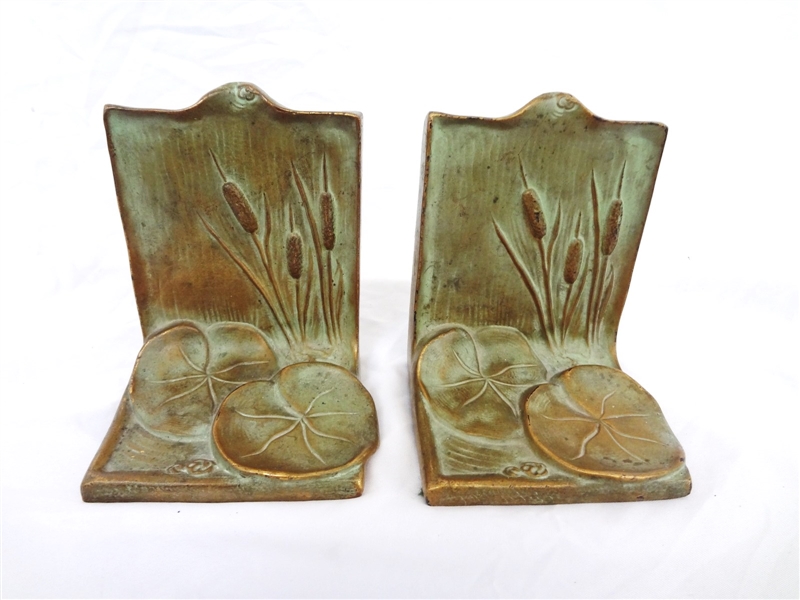 McClelland Barclay Bronze Cat Tails & Lily Pad Book Ends