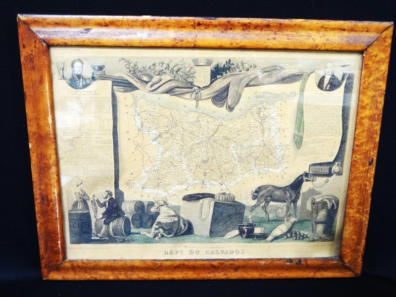 "Dept. du Calvados 1851" A.M. Perrot French Map in Tiger Maple Frame 