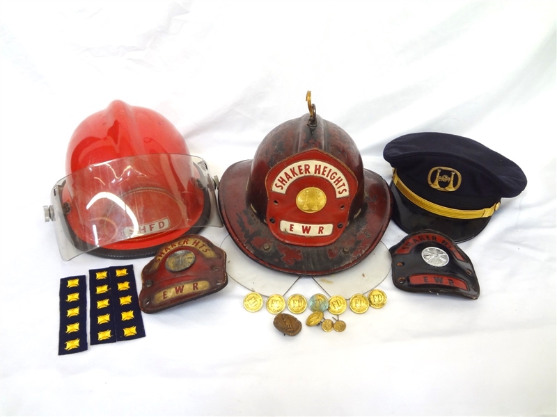 Vintage Ohio Fire Fighters Memorabilia: Helmets, leather plate, Insignia Stars
