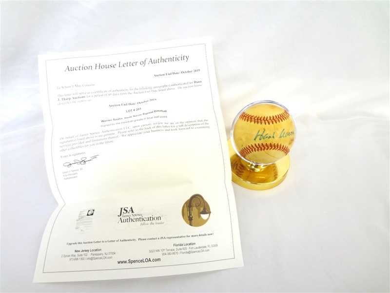 Warren Spahn Hank Aaron Autographed National League Baseball COA JSA