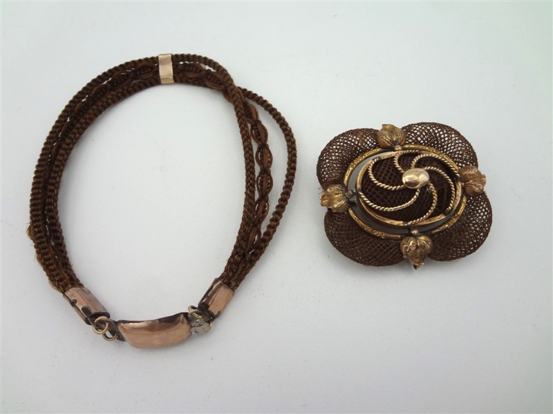(2) Victorian Gold Mourning Hair Jewelry Brooch and Bracelet