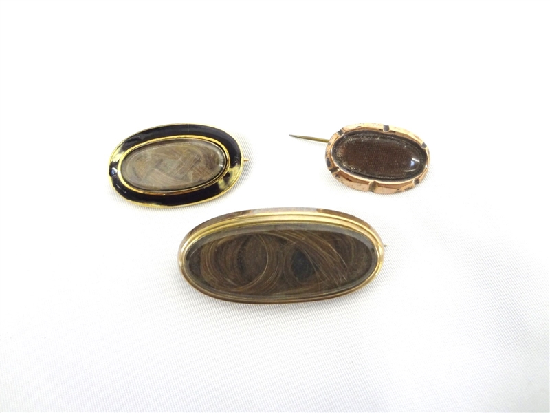 (3) Oval Victorian Mourning Hair Brooches Heavy Gold Filled Setting