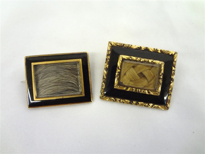 (2) Victorian Mourning Hair Brooches Set in Low Gold and Etched Inscriptions