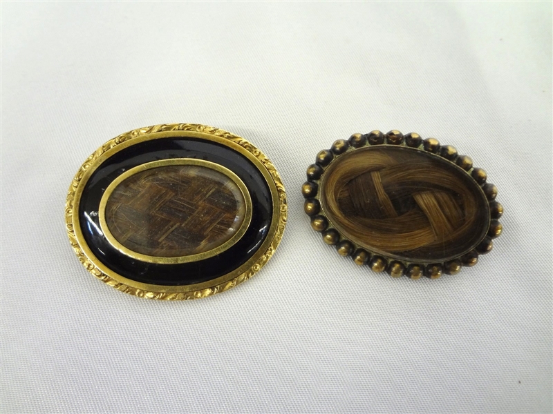 (2) Victorian Mourning Hair Brooches: Low Gold and Oval