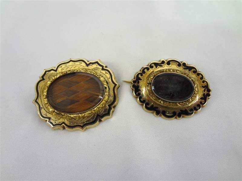 (2) Oval Victorian Mourning Hair Brooches With Inscription