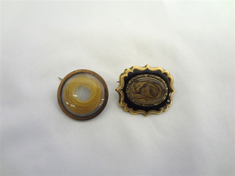 (2) Victorian Mourning Hair Brooches Round and Oval