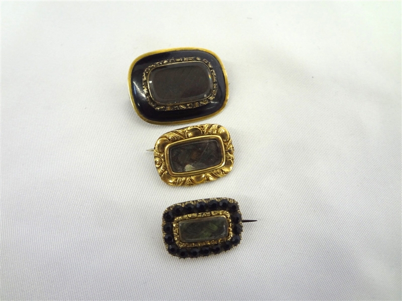 (3) Victorian Mourning Hair Brooches: Low Gold With Enameling