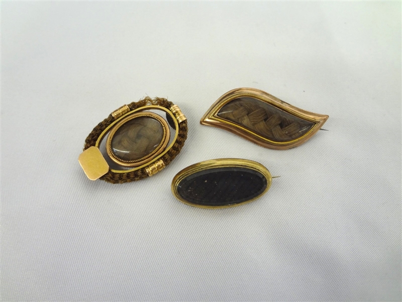 (3) Victorian Mourning Hair Brooches: Initials, Scroll Gold Filled