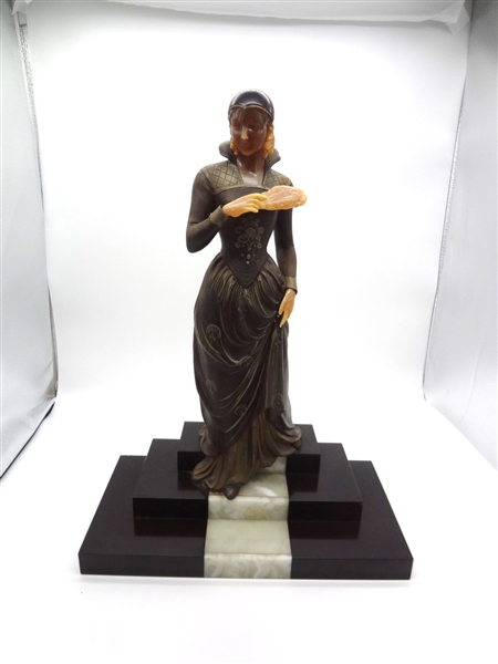 Menneville French Art Deco Bronzed Figurine "Dame Mit Facher" c 1925