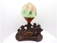 Art Deco Cast Metal Lamp "The Birth of Venus" With Art Deco Green and Red Geodesic Shade