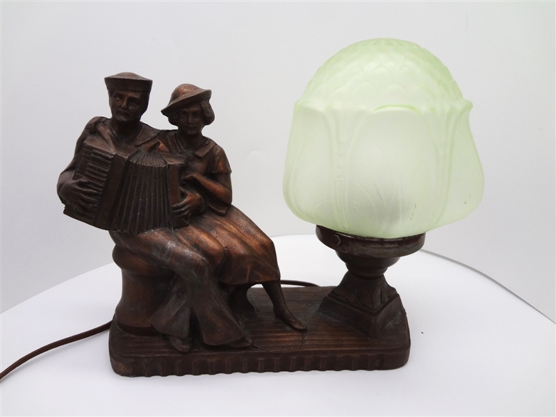Art Deco Cast Metal Navy Soldier and Girl Table Lamp with Green Geodesic Lamp Shade