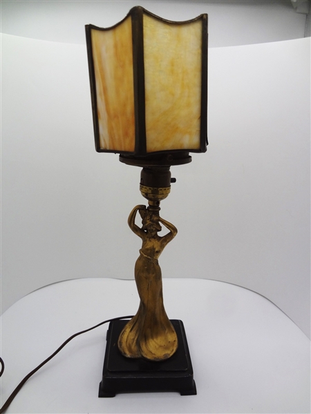 Art Deco Single Table Lamp Cast Metal 6 Panel Slag Glass Shade