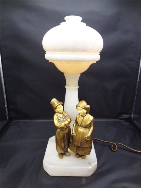 Art Deco Alabaster Domed Table Lamp with Bronze Dutch Boy and Girl
