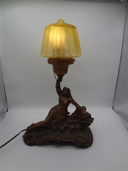 Art Nouveau Cast Metal Table Lamp "Sea Nymph" With Amber Shade