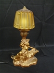 Art Deco Cast Metal Table Lamp Nude with Dog Amber Geodesic Shade