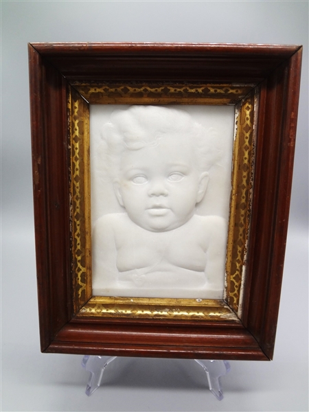 Alabaster Baby Portrait Relief Tile Set in Deep Well Frame