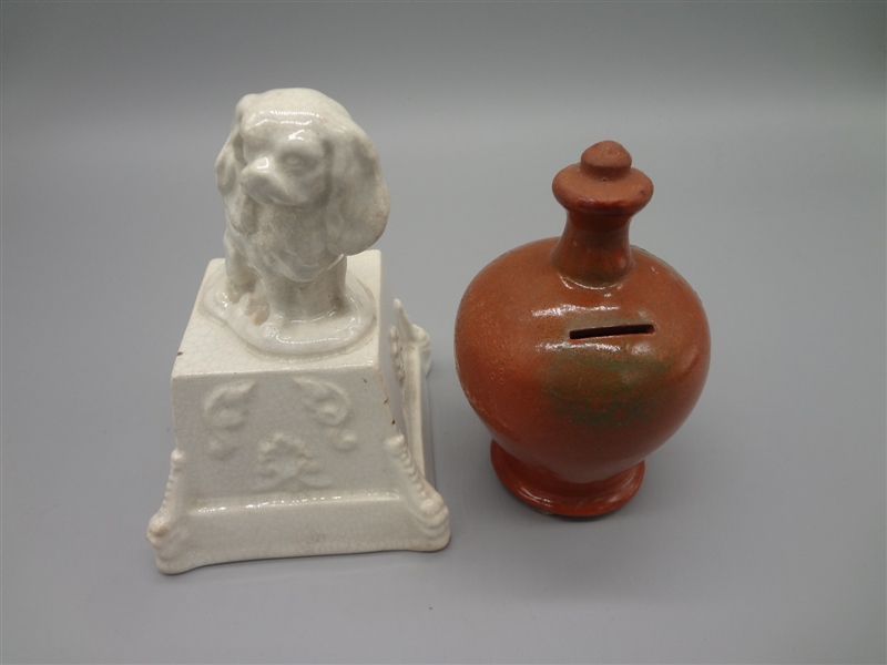 (2) Porcelain/Pottery Figural Banks: Early Redware and Spaniel