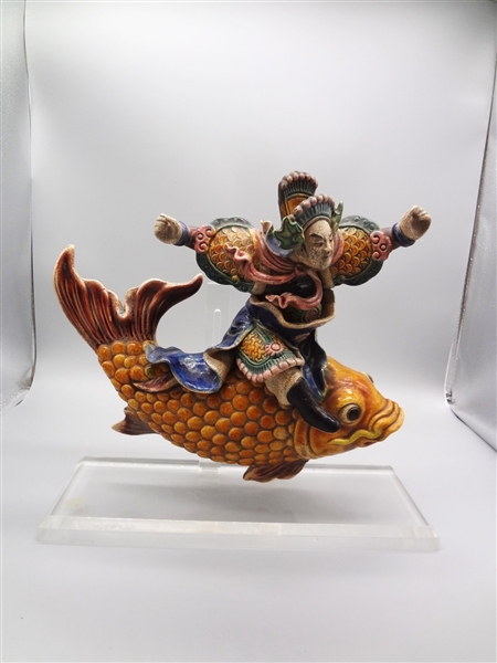Polychrome Ceramic Chinese Roof Tile Man on a Fish