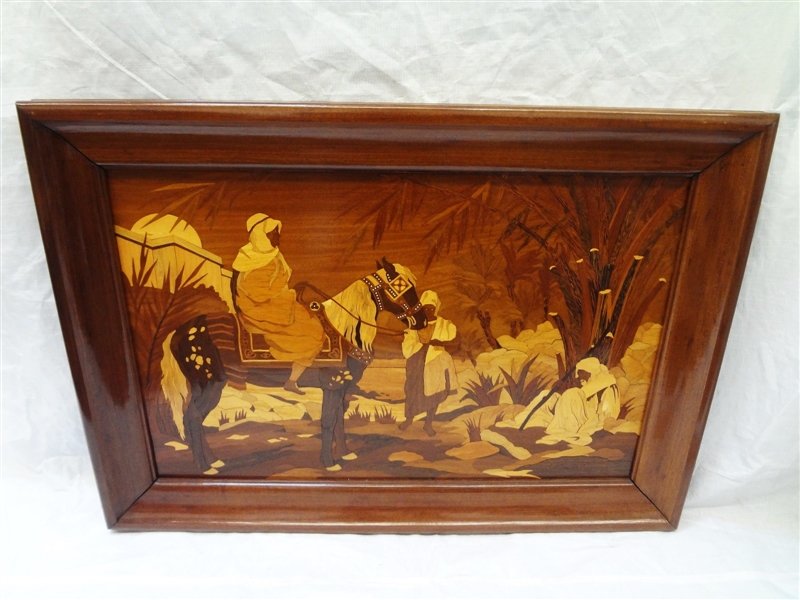 Marquetry Inlay Framed Art Work Persian/Egyptian Scene