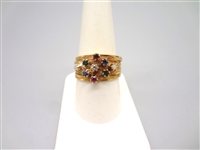 18k Yellow Gold Wide Band Ring with (2) Rubies, (2) Sapphires, (2) Emeralds, (2) Seed Pearls, (1) Diamond