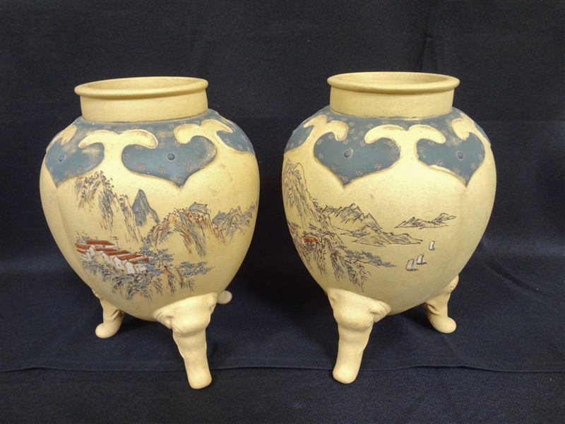 Pair Yixing Duanni Vases on Raised Elephant Head Feet with Caligraphy