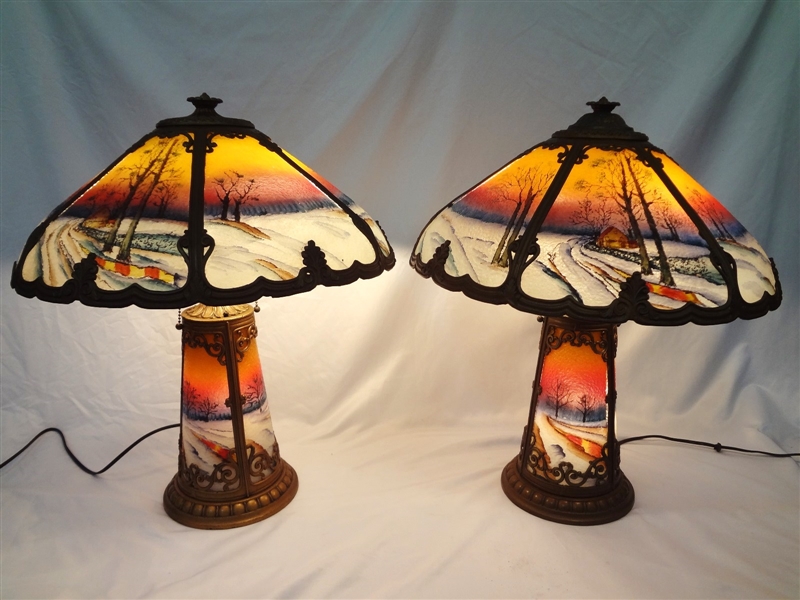 Pair of Arts and Crafts Era Reverse Hand Painted Lamps with Lighted Bases