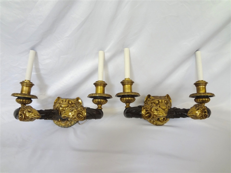 (2) Gothic Revival Bronze and Brass Double Candelabra Wall Sconces Big Horn Sheep Lion Brass Accent