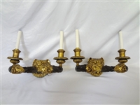 (2) Gothic Revival Bronze and Brass Double Candelabra Wall Sconces Big Horn Sheep Lion Brass Accent